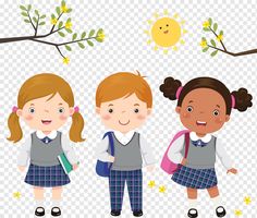 three girls in school uniforms standing under a tree with sun and stars on the branches