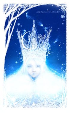 a woman with a crown on her head in front of a blue sky and stars