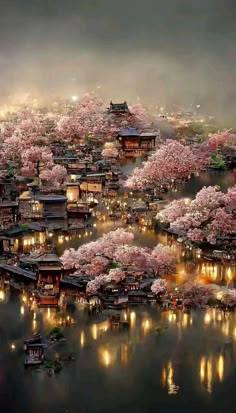 an image of a beautiful scenery with pink flowers on the trees and buildings in the water