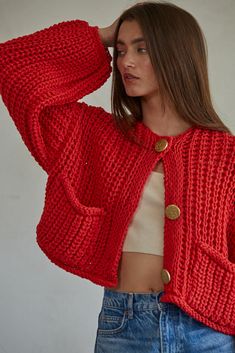 Details: Red crochet cardigan Gold buttons down front Long sleeve Slightly cropped Size Guide: S: 0-2 M: 4-6 L: 8-10 Wash and care: 100% Acrylic Hand wash cold, lay flat to dry Cropped Cardigan Crochet, Red Crochet Cardigan, Red Crochet, Maxi Romper, Cardigan Crochet, Cardigan Crop, Red Cardigan, Cardigan Top, Cropped Cardigan