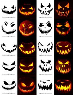 halloween pumpkins with scary faces and eyes in different styles, all on black background