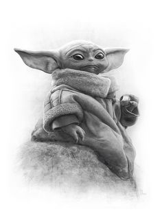 a pencil drawing of baby yoda holding an object