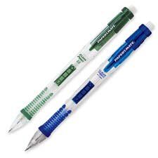 two pens sitting next to each other on top of a white surface with green writing