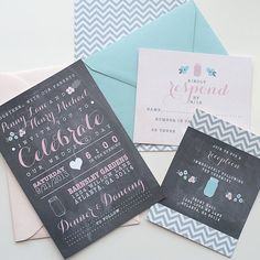 three different types of wedding stationery on top of each other, including cards and envelopes