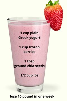 a glass filled with yogurt next to a strawberry on the side and text that reads, 1 cup plain greek yogurt i cup frozen berries