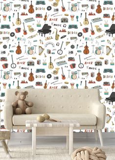 a living room filled with furniture and wallpaper covered in musical instruments on white walls