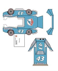 an origami race car with numbers on the front and side, in blue