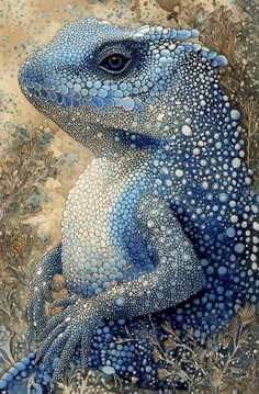 a painting of a blue lizard sitting on the ground