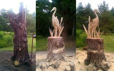 three different views of a tree stump with birds carved into it