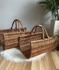 two wicker baskets sitting on top of a wooden floor next to a potted plant