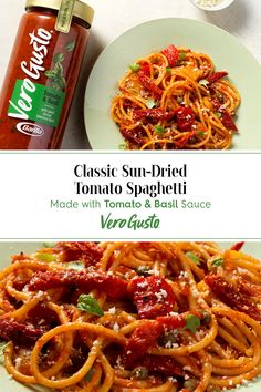 a plate of spaghetti with sauce next to a bottle of tomato sauce on a table