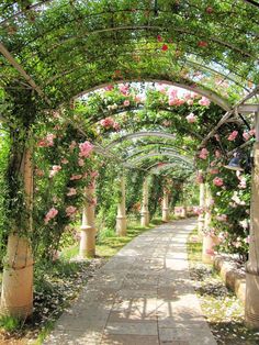 an archway with pink flowers growing on it's sides and the walkway leading up to it