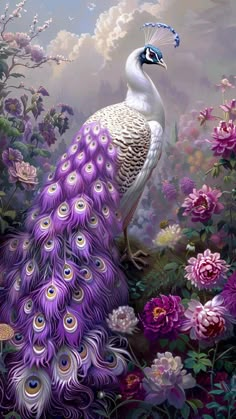 a painting of a peacock with purple flowers in the background