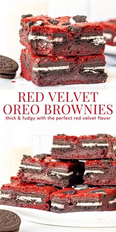 red velvet oreo brownies are stacked on top of each other with chocolate cookies