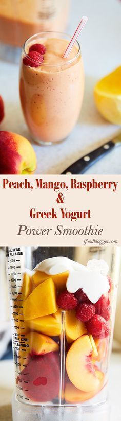 peach, mango, raspberry and greek yogurt in a blender