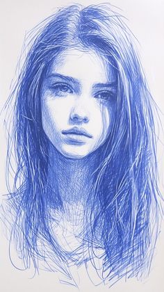 a drawing of a woman's face with long hair and blue ink on paper