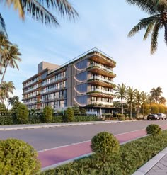 an artist's rendering of a building with palm trees in the foreground and cars parked on the street