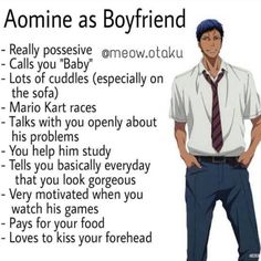 an anime character is standing with his hands on his hips and the words aonni as boyfriend