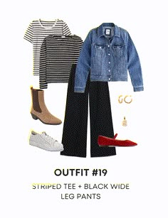 white and black striped tee + black and white striped top + black wide leg pants + denim jacket + white sneakers + tan boots + red flats + gold jewelry Black Travel Pants Outfit, Semi Formal Black Pants Outfit For Women, Black And White Stripe Top Outfit, Dressy Wide Leg Pants Outfit, Black Pants With White Stripe Outfit, How To Style Black Wide Leg Pants, Black Straight Leg Pants Outfit, Black And White Top Outfit, Wide Leg Black Pants Outfit Casual