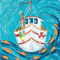 a painting of a boat in the ocean with fish around it