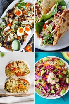 four different pictures of food including salads, pita bread and an avocado