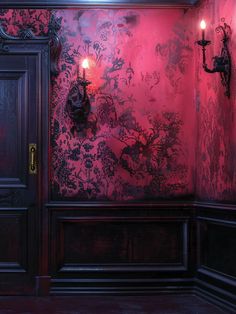 Gothic Red Room Photography Backdrop - Gothic red room photography backdrop featuring Victorian-style wallpaper Gothic Wall Panelling, Samhain Wallpaper, Vampire Room Aesthetic, Photoshoot Set Design, Southern Gothic Decor, Dark Bohemian Decor, Vampire Bedroom, Dark Wood Paneling, Vampire Room