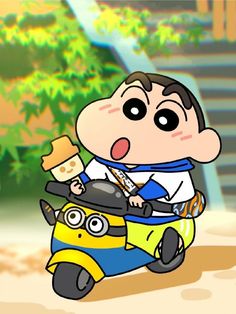 a cartoon character riding on the back of a small yellow car with an ice cream cone in his mouth