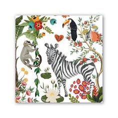 a zebra and monkey are surrounded by tropical flowers, butterflies, and other exotic animals