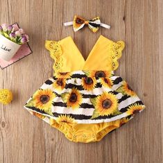 Gender: Girls Material: Cotton Blend Sleeve Length: Sleeveless Pattern: Sunflowers, Stripes Closure Type: Buttons Summary: Baby Toddler Girls Yellow Sunflower Striped Romper Dress with Matching Headband Boho Baby Girl, Headband Outfit, Girl Sleeves, Ruffle Romper, Sunflower Print, Matching Headband