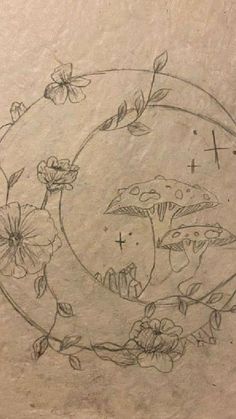 a drawing of mushrooms and flowers in a circle