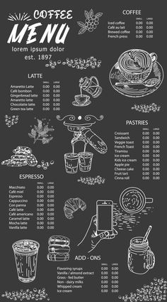 a menu for coffee and drinks on a blackboard