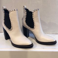 Brand New Chunky 4” Heeled Booties With Black Heels And Inset Surrounded By Mini Silver Studs!! Funky And Cool! Snake Print Boots, Taupe Boots, Studded Ankle Boots, Brown Chelsea Boots, White Studs, Ankle Heels, Chelsea Ankle Boots, Studded Boots, Studded Leather