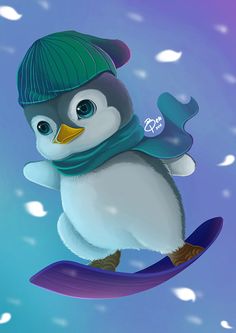 a penguin wearing a green hat and scarf on a snowboard in the air,