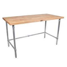 a wooden table with metal legs on a white background