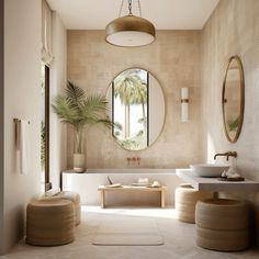 a bathroom with two sinks, mirrors and stools in front of the bathtub