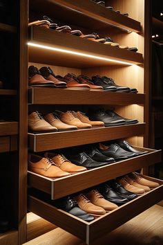 a wooden shoe rack filled with lots of men's dress shoes in a closet