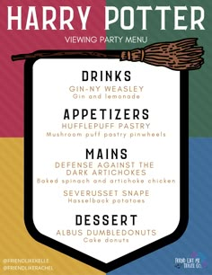 the harry potter menu for drinks and appetizers