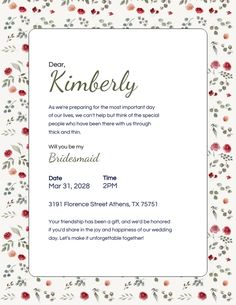 a wedding card with red flowers and greenery on the border, in white background