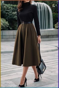 Skirt And Dress Work Outfits, Midi Skirt Dress, Winter Work Outfits For Women Dress, Long Sleeve Top And Skirt Outfit, Dressing Conservative Style, Business Casual Dresses For Women Classy, Professional Midi Dress, Working Woman Outfit Classy, Womens Academia Outfits