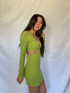 baby rib cutout dress available in sizes xs, s, m, l model is 5'3" and wearing a size small Day Out Fitted Ribbed Bodycon Dress, Spring Ribbed Bodycon Dress For Date Night, Green Ribbed Fitted Dress, Fitted Ribbed Green Dress, Ribbed Fitted Dress For Night Out, Fitted Ribbed Dress For Night Out, Trendy Ribbed Bodycon Dress, Trendy Bodycon Ribbed Dress, Trendy Ribbed V-neck Dresses