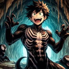 an anime character is standing in front of a cave with spider - man and other characters