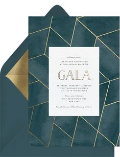 an elegant wedding card with gold foil on the edges and a geometric pattern in the middle