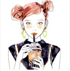 a watercolor painting of a woman holding a drink