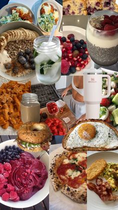 a collage of pictures with different foods and drinks on them, including bread, fruit, salads, eggs, berries, yogurt