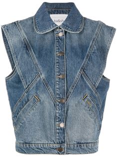 Ba&Sh button-up Denim Vest - Farfetch Upcycled Blue Jeans, Womens Denim Outfits, Denim Washing Effect, Recycled Denim Fashion, Embroidery On Denim, Denim Bar, Vestiti In Jeans, Vest Jeans, Denim Couture