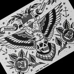 a black and white drawing of a bird with roses on it's wings, surrounded by other tattoos