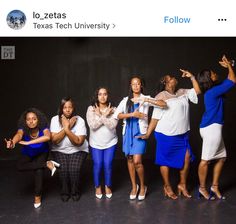 a group of women standing next to each other in front of a black background with text that reads, texas tech university follow