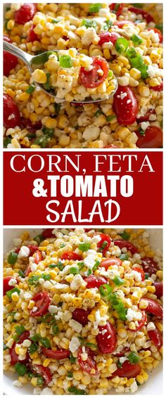 corn and tomato salad in a white bowl with the title text overlay reads corn feta and tomato salad