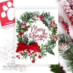 a christmas card with the words merry and bright on it, surrounded by holiday decorations