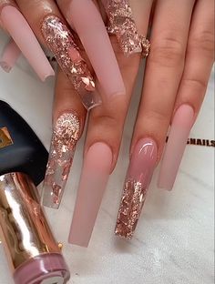 Pink And Gold Rhinestone Nails, Rose Gold Long Nails, Gold Glitter Coffin Acrylic Nails, Pink And Gold Long Nails, Light Pink And Gold Glitter Nails, Marble Acrylic Nails, Ombre Gel Nails, Sassy Nails, Pretty Gel Nails